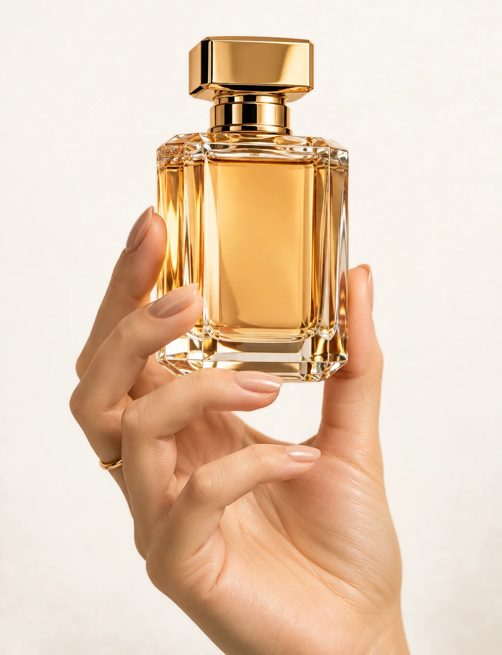 Mão feminina segurando um perfume importado